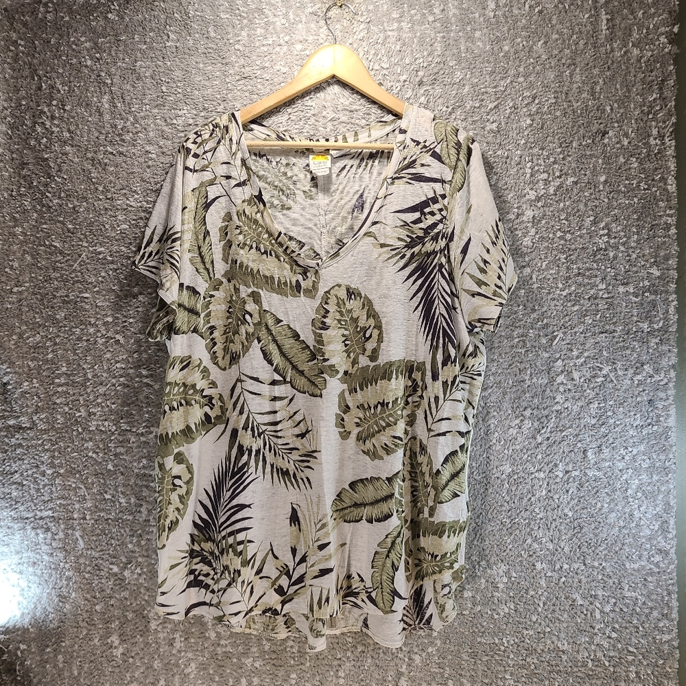 C&C California Plus Sz 1X 100% Linen Shirt Top White Tropical Print Short Sleeve